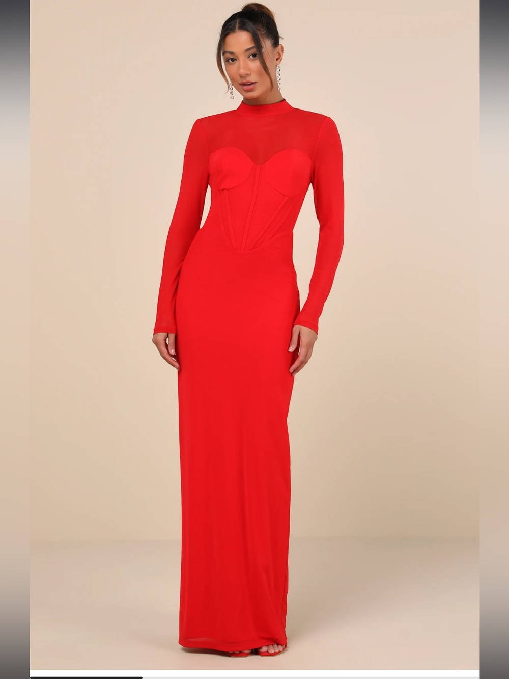 NWT lulus Sensational‎ Appeal Red Mesh Cutout Long Sleeve Maxi Dress Size Small